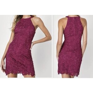 Lulus Womens Love‎ Poem Magenta Lace Mini Dress Halter Neckline Large